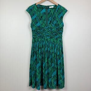Calvin Klein Geo Dress Women 8 Green Abstract Pleat Cap Sleeve Retro Ruched Art